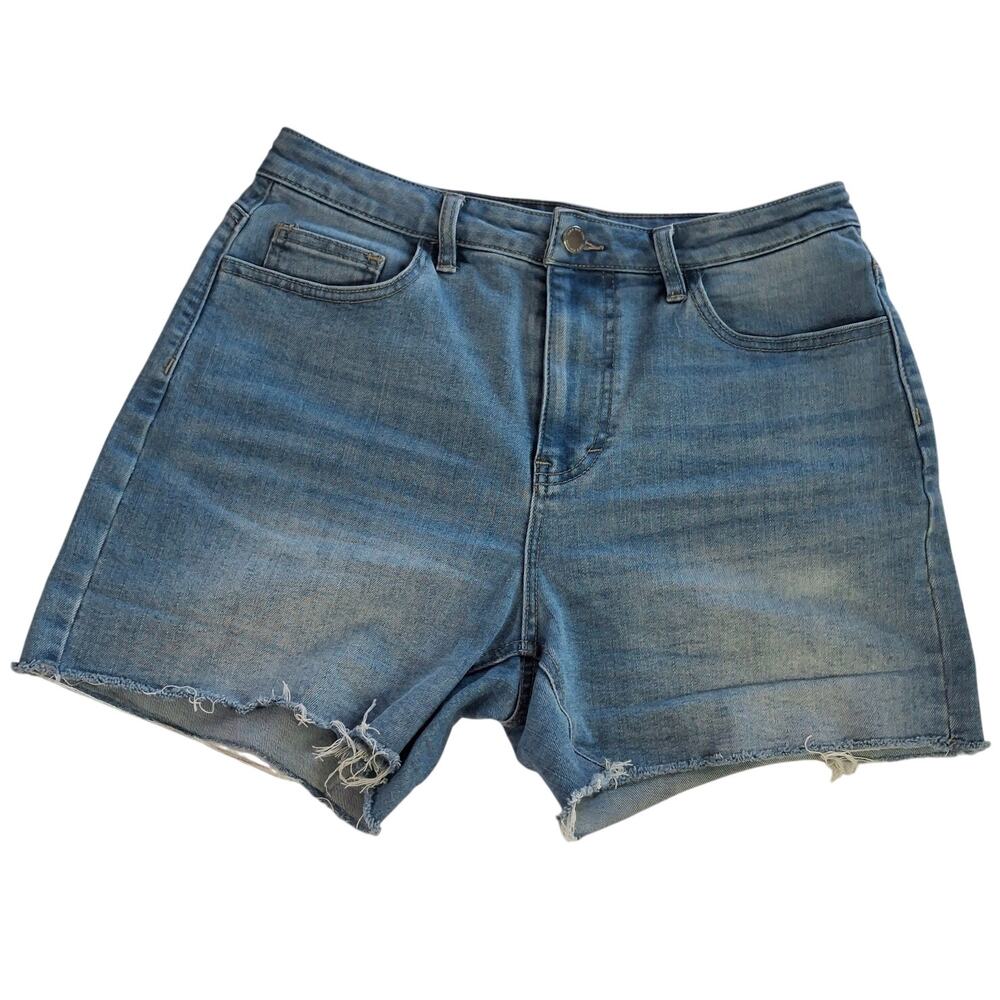 OAT New York High Rise Denim Cutoff Shorts Raw Hem 8 29 Light Wash